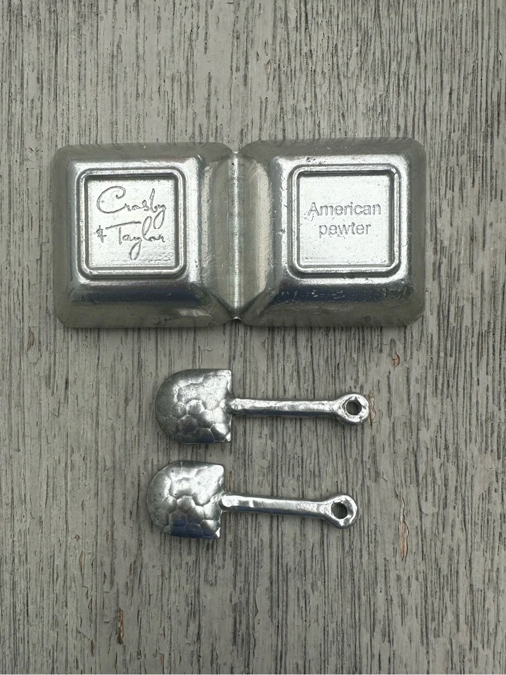 Vintage Style Pewter Double Open Salt Cellar or Dip 2 Miniature Shovel Spoons
